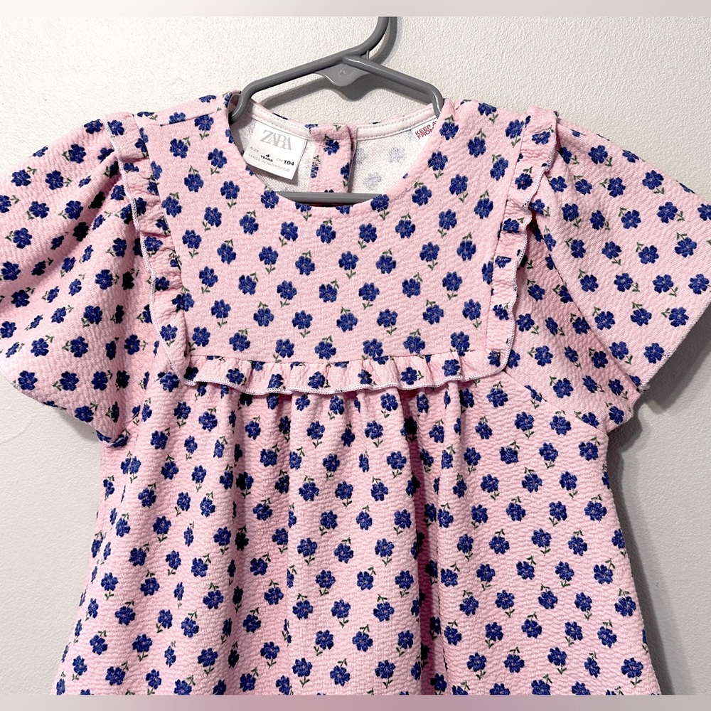 EUC Zara Pink Dress with Blue Floral Print and Ruffle Sleeves - Picture 3 of 8
